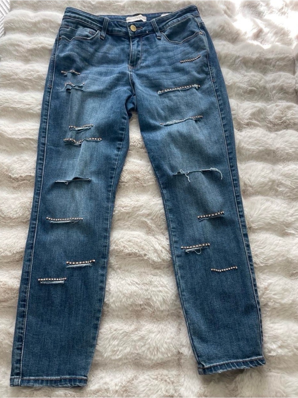 Guess Women's Distressed Boyfriend Jeans with Rhinestone Accents - Blue